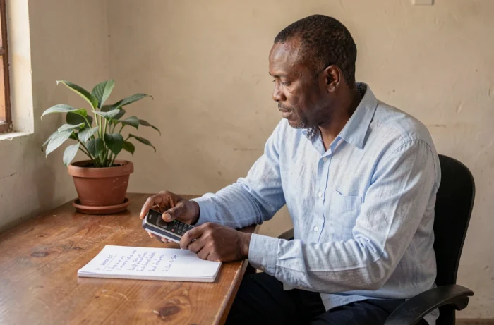 Homme ivoirien composant un code USSD pour vérifier son identification MTN depuis son domicile