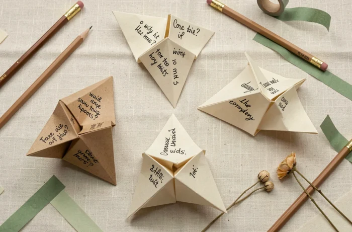 Vue de dessus de plusieurs cocottes en papier ouvertes avec des messages écrits à la main sur une nappe en lin crème