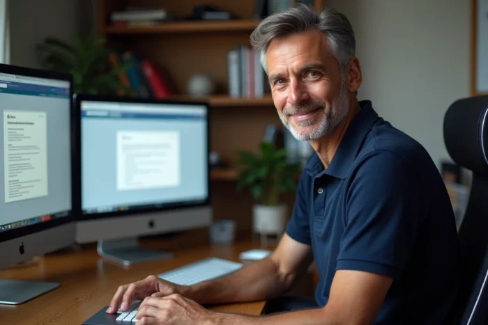 Professeur consultant son webmail Nancy Metz en télétravail sur un double écran à domicile